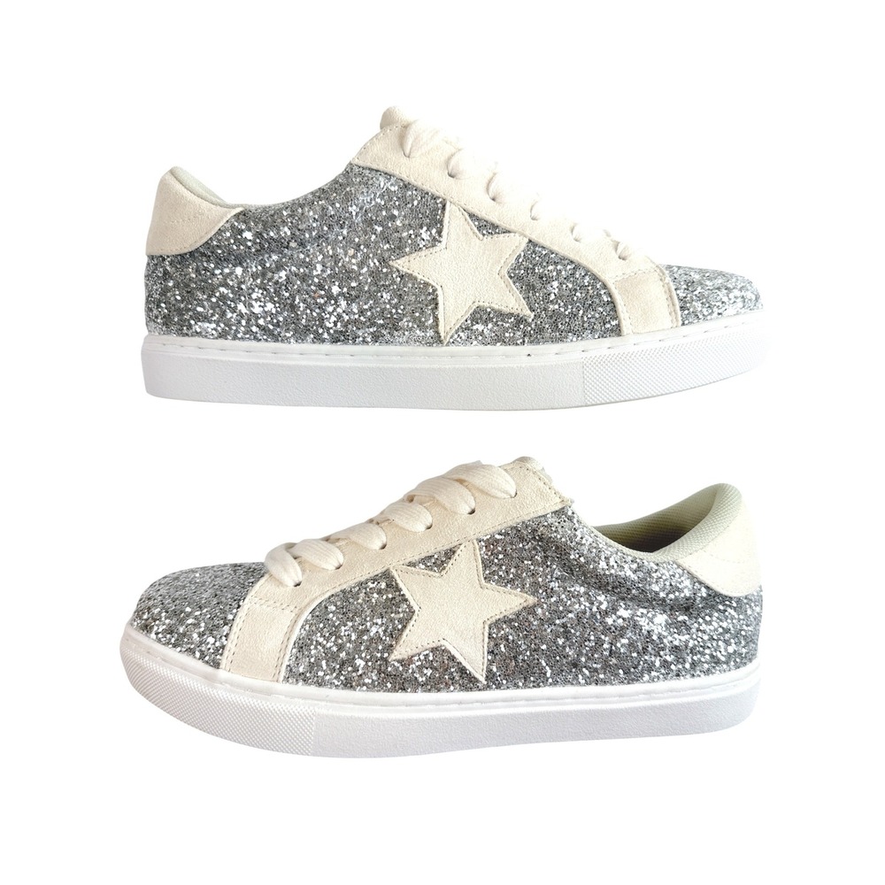 PARTY Glitter Star Sneakers Women Size 8 Silver White Lace Up Low Top